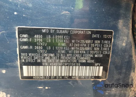 2023 Subaru Outback Premium z USA, uszkodzony, nr VIN 4S4BTAFC9P3158199